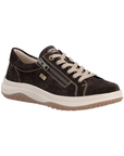 A brown suede sneaker with a side zipper, beige laces, cream accent stitching, cream midsole, and a brown tan outsole.
