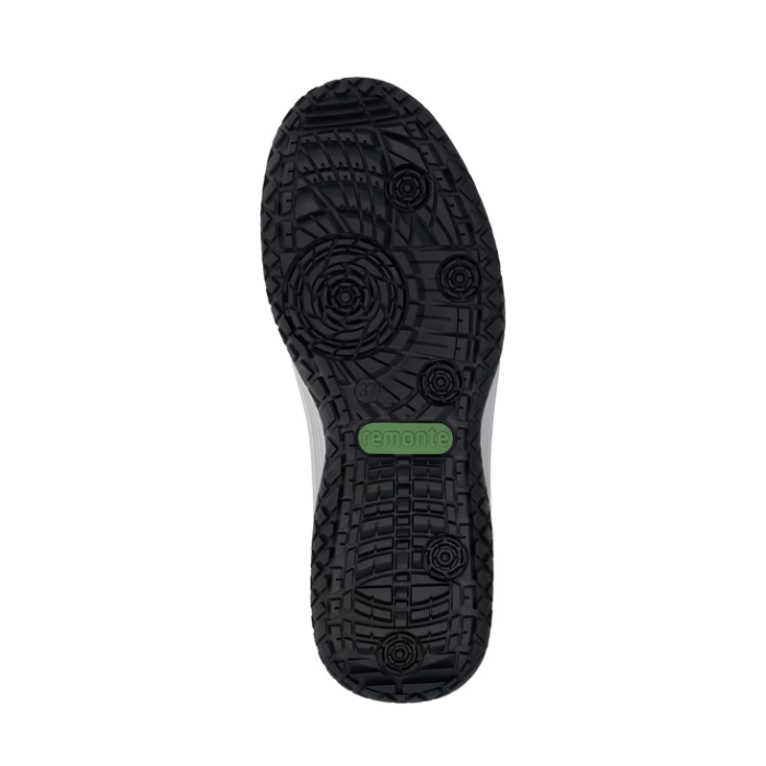 Black geometric textured outsole with green Remonte logo stamped in middle.