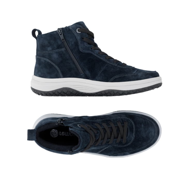 Pair of dark navy blue suede high-top sneakers with dark gray laces, white accent stitching, inside zipper, a thick white midsole, and a black outsole.