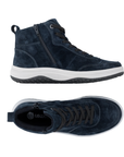 Pair of dark navy blue suede high-top sneakers with dark gray laces, white accent stitching, inside zipper, a thick white midsole, and a black outsole.