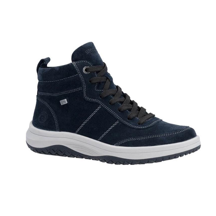 A dark navy blue suede high-top sneaker with dark gray laces, white accent stitching, a thick white midsole, and a black outsole.
