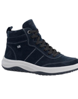 A dark navy blue suede high-top sneaker with dark gray laces, white accent stitching, a thick white midsole, and a black outsole.