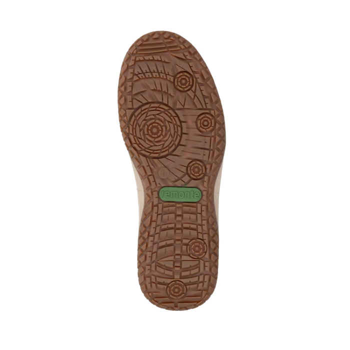 Brown deep treaded outsole with green Remonte logo stamped in middle.