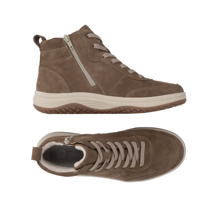Pair of tan suede high-top sneakers with beige laces, inside zipper, white accent stitching, a thick white midsole, and a tan outsole.