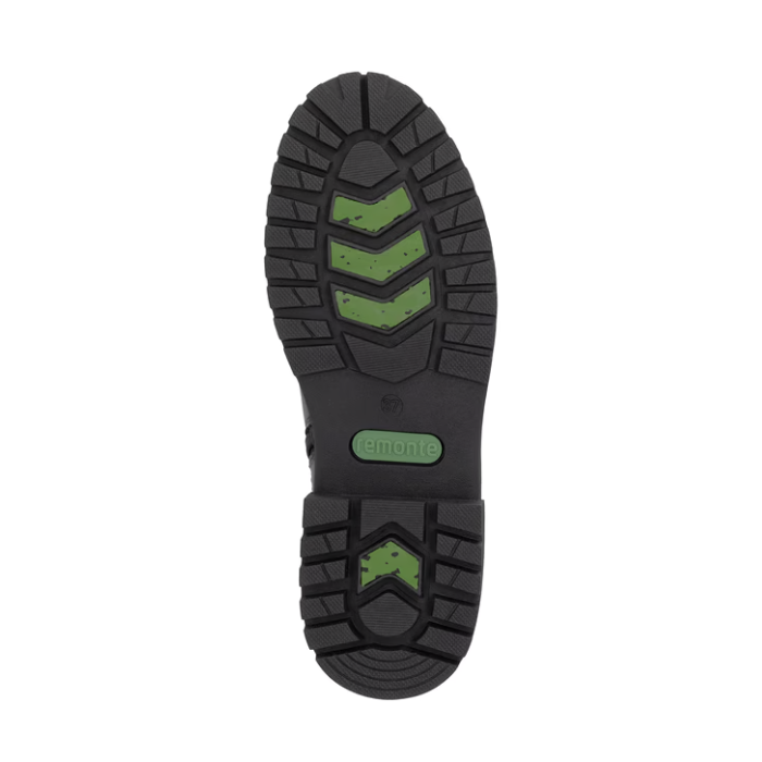 Black treaded outsole with green grip sections and green Remonte logo stamped in middle.