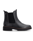 A black pebbled leather Chelsea boot with a black elastic side panel and a chunky black lug outsole.