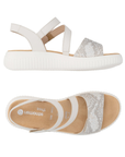 Pair of White backstrap sandals with Velcro  split strap, snake print  strap, tan Remonte logo'd footbed, and thick ribbed white outsole.