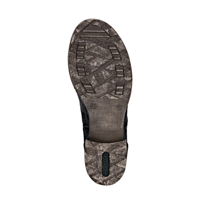 Brown texured outsole with green Remonte logo stamped in heel.
