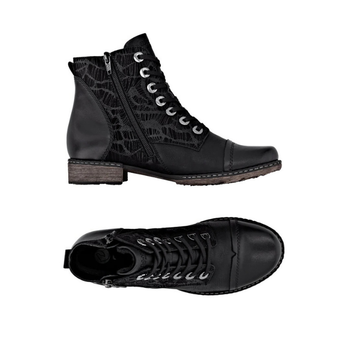 Black lace-up ankle boots with a textured embossed pattern on the side, black leather toe and heel caps, side zipper, silver metal eyelets, and a low brown block heel.