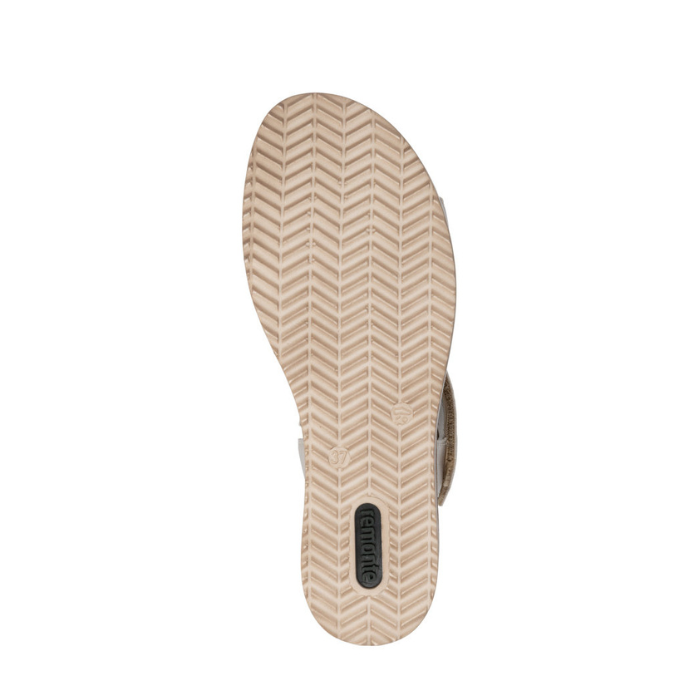 Zig-zag pattern tread on wedge sandal with green Remonte logo on heel.