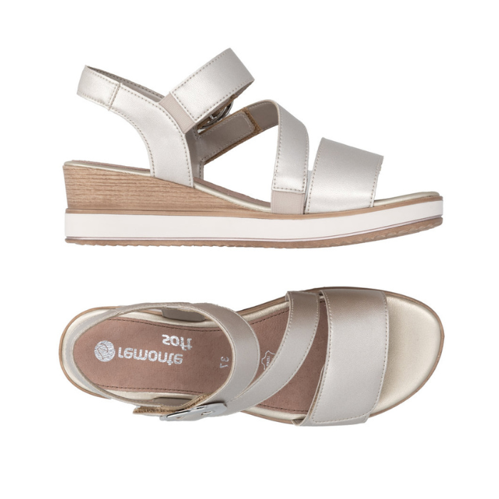 Pair of Gold backstrap wedge sandals with three velcro straps, decorative silver buckle, white and wood grain midsole and Remonte logo'd tan footbed.