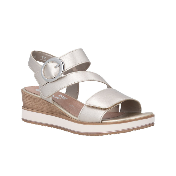 Gold backstrap wedge sandal with three velcro straps, decorative silver buckle, white and wood grain midsole and Remonte logo'd tan footbed.