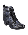 Heeled ankle boot in blue and black with black patent toe cap.