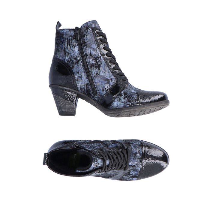 Top and side view of heeled ankle boot in blue and black with black patent toe cap. Boot has inside zipper.