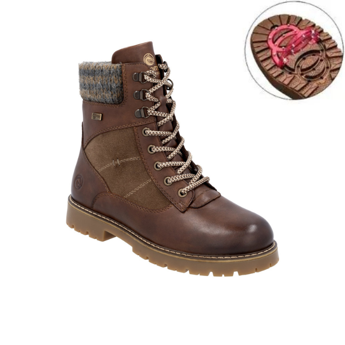Brown leather lace-up winter boot with padded wool collar, and rugged rubber sole with close up of red flip grips.