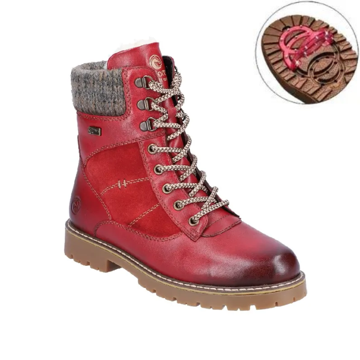 Red leather lace-up winter boot with padded wool collar, and rugged rubber sole with close up of red flip grips.