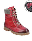 Red leather lace up ankle boot with knit cuff