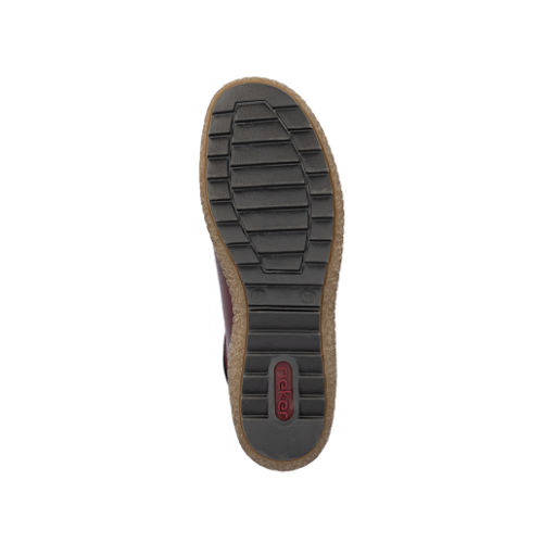 Black line treaded outsole with red Rieker logo stamped on heel.