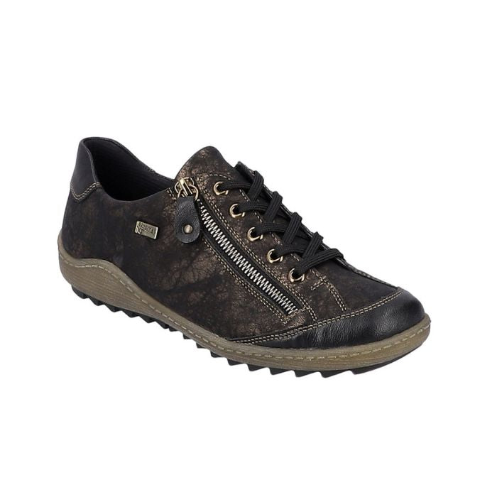 Black and bronze lace up shoe with zipper side closure and brown midsole.