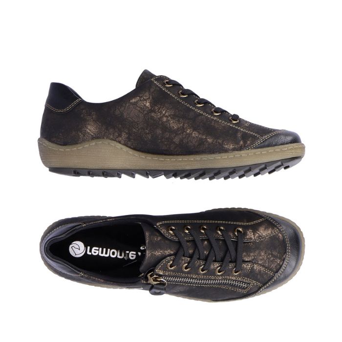 Black and bronze lace up shoe with zipper side closure and brown midsole. Remonte logo on black insole.