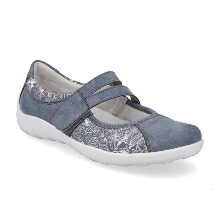 Light blue Mary-Jane shoe with floral line drawing on side panels and white outsole.