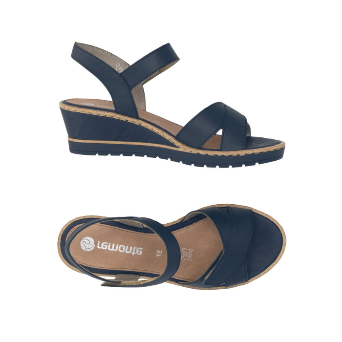 Pair of Navy blue backstrap wedge sandals with cross straps over toe, tan Remonte logo'd footbed and navy outsole.