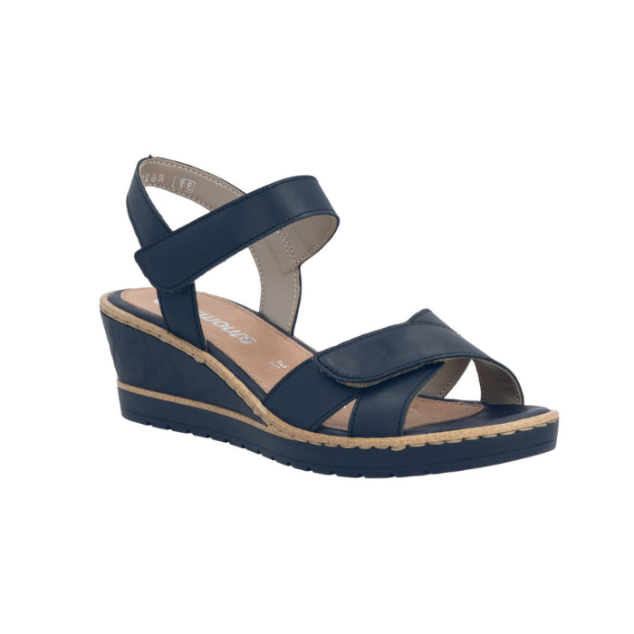 Navy blue backstrap wedge sandal with cross straps over toe, tan Remonte logo'd footbed and navy outsole.