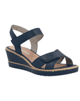 Navy blue backstrap wedge sandal with cross straps over toe, tan Remonte logo'd footbed and navy outsole.