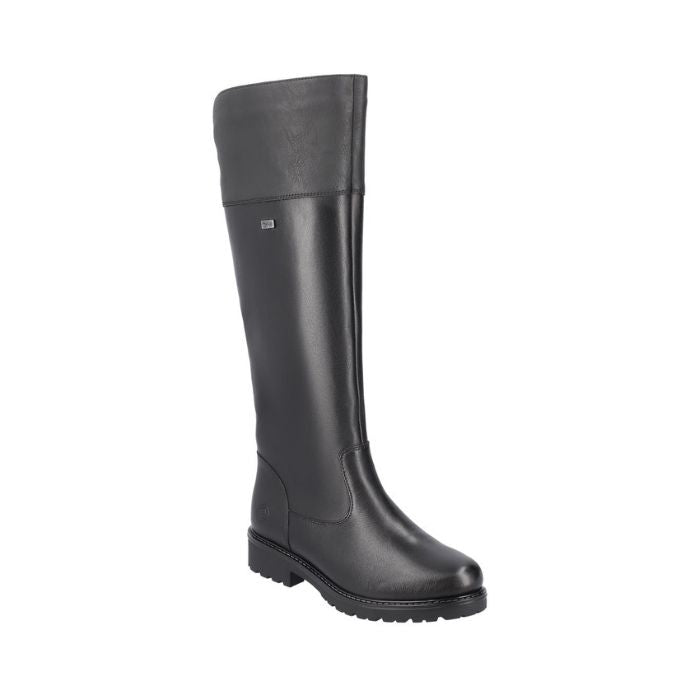 Tall black leather riding style boot.