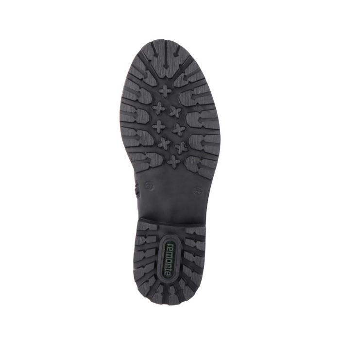 Black rubber outsole with green Remonte logo on heel.
