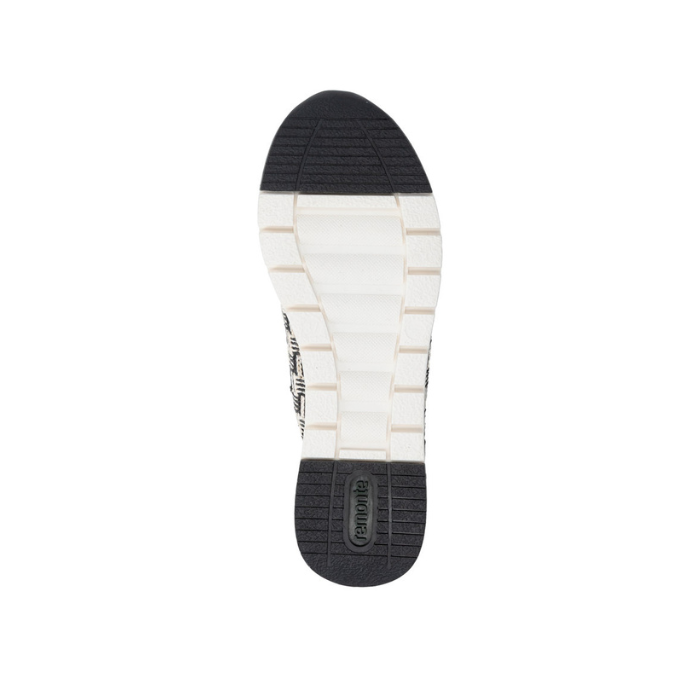 White light treaded outsole with black toe and heel sections and green Remonte logo on heel.
