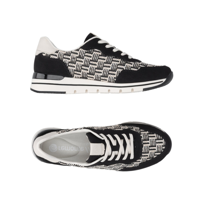 Pair of Black and white woven upper sneaker with faux suede black accents, white laces and lining, grey Remonte logo'd footbed and a white midsole with black line through it.