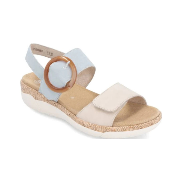 Rieker R6853 Backstrap Sandal in beige and light blue with oversized buckle, ideal for lightweight, flexible summer footwear.