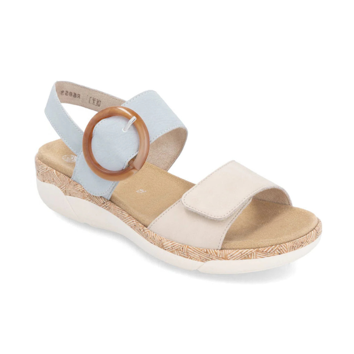 Rieker R6853 Backstrap Sandal in beige and light blue with oversized buckle, ideal for lightweight, flexible summer footwear.