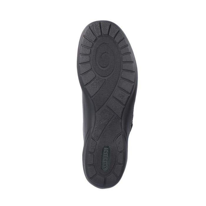 Bottom view of black Women&#39;s Remonte R7600 Velcro Shoe with spiral-patterned sole for traction and lightweight support.