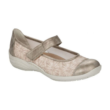 Beige floral and bronze Mary-Jane shoe with beige outsole.