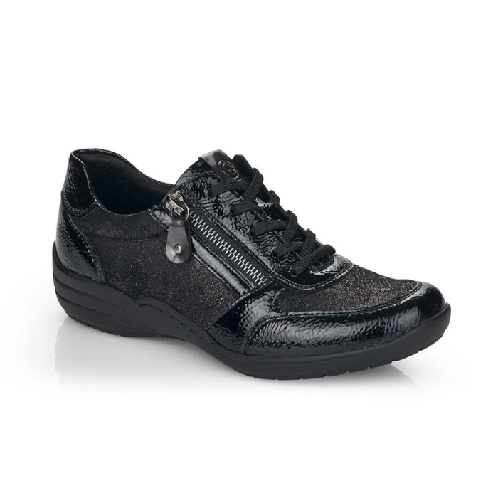 Women's Remonte R7637 Lace-Up Sneaker in black with stretch material and side zipper, ideal for bunions and all-day comfort.