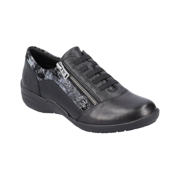 Black shoe with faux elastic laces and side zipper closure.