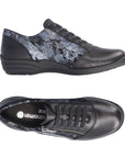 Top and side view of black shoe with faux elastic laces and side zipper closure. Silver Remonte logo on insole.