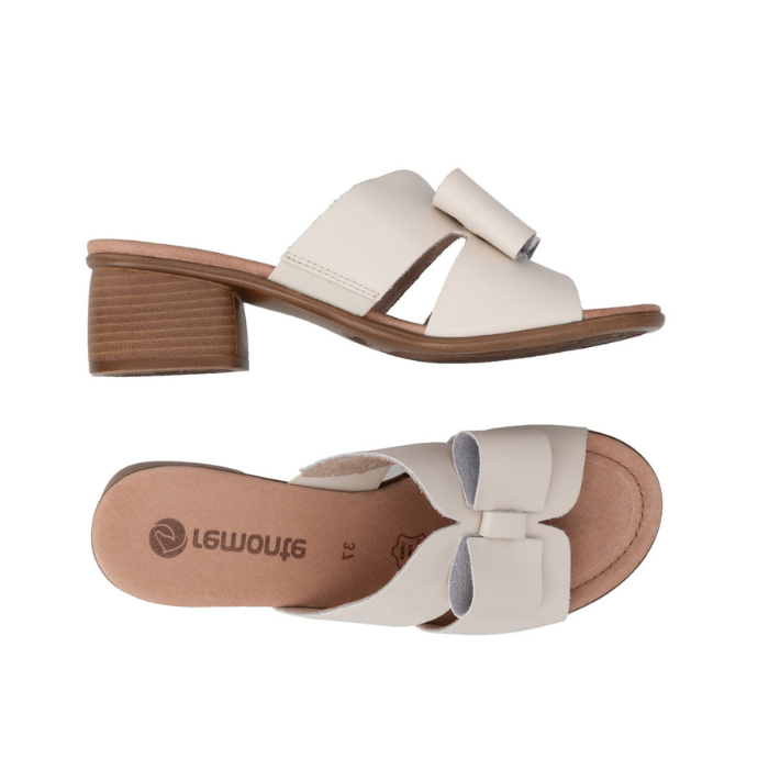 Pair of Beige sandals with beige bow, tan Remonte logo'd footbed and brown wood grain block heel.