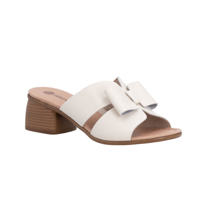 Beige sandal with beige bow, tan Remonte logo'd footbed and brown wood grain block heel.