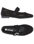 Black Mary Jane flats with perforations, black rhinestones, silver buckle, black Remonte logo'd footbed and black outsole.