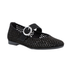 Black Mary Jane flat with perforations, black rhinestones, silver buckle  and black outsole.
