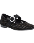 Black Mary Jane flat with perforations, black rhinestones, silver buckle  and black outsole.