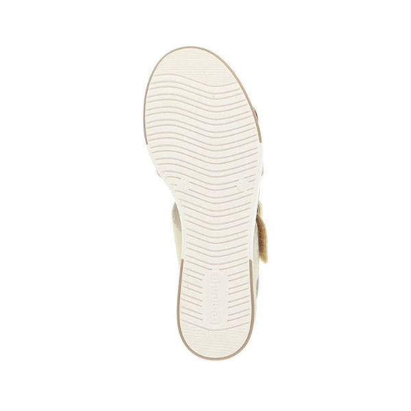 Outsole view of gold Remonte D1P50 Platform Wedge sandal showing textured rubber sole for enhanced grip and durability.