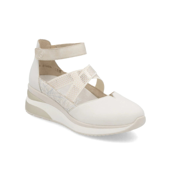 Women's Remonte D2411 sneaker shoe in off-white with crisscross elastic straps and Velcro ankle strap, designed for lightweight wear and stability.