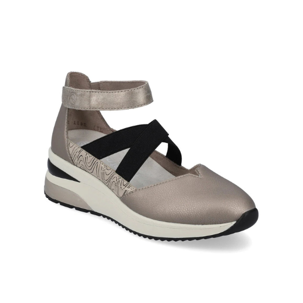 Women's Remonte D2411 sneaker shoe in metallic taupe with black elastic straps and Velcro ankle closure, ideal for lightweight comfort and support.