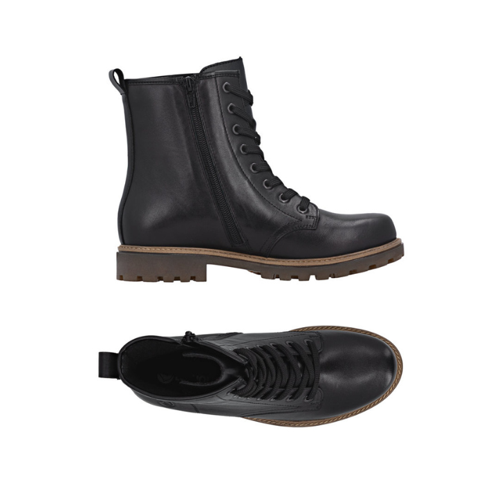Pair of Black leather combat boots with 8 black laced eyelets, inside zipper, light brown midsole and dark brown rubber lugged outsole.