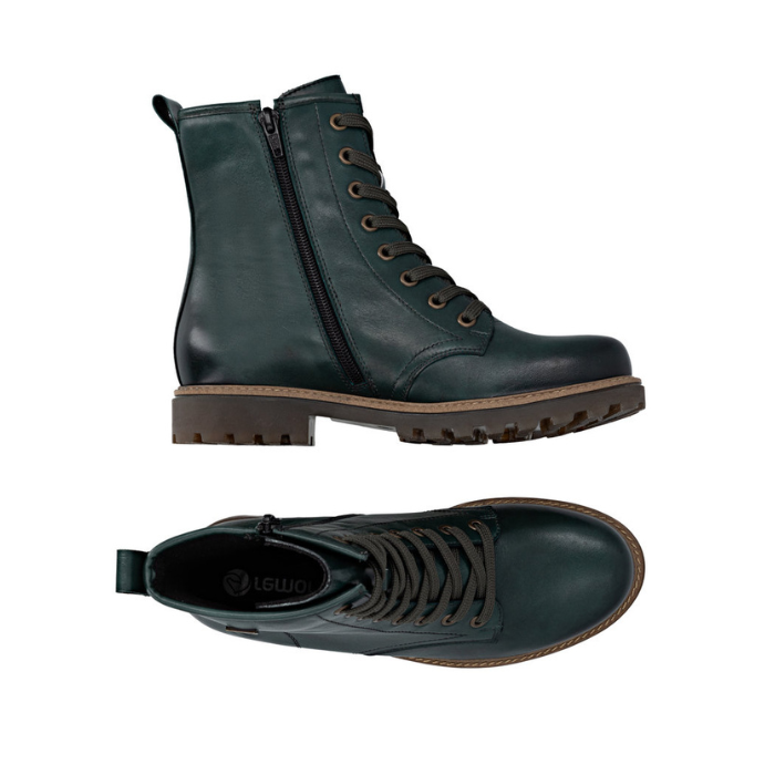 Pair of Green leather combat boots with 8 dark green laced eyelets, inside zipper, light brown midsole and dark brown rubber lugged outsole.