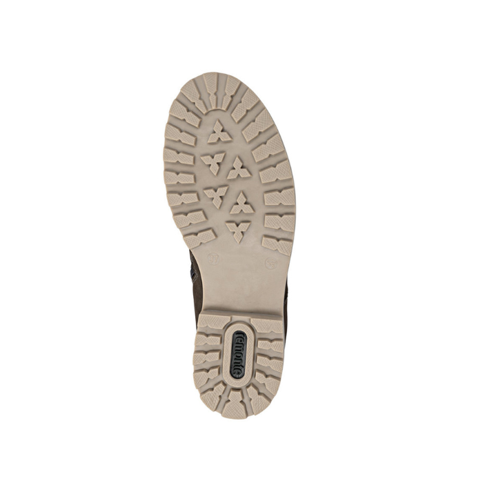 Tan outsole with deep tread and green Remonte logo on heel.